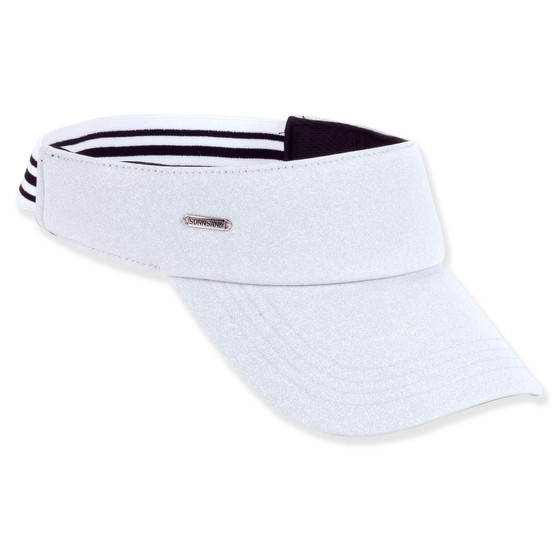 Three-quarter view of a white textured fabric sports visor featuring a curved bill, striped elastic back, and silver metal logo-plate.