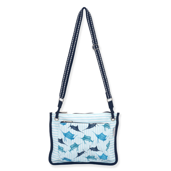 Front view of a rectangular navy crossbody bag featuring colorful flip-flop graphics, a thin adjustable strap, and metal hardware.