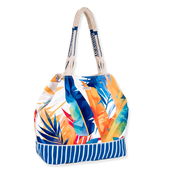 Three-quarter view of a bucket-shaped tote bag featuring colorful tropical leaves, a blue striped base, and textured rope handles.