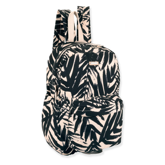 side  view of a rounded black backpack featuring a light beige leaf print, zippered pocket, and silver-toned logo plate.