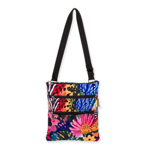 Front view of a flat rectangular crossbody bag featuring a vibrant multi-colored floral and leopard print with three black zippers.