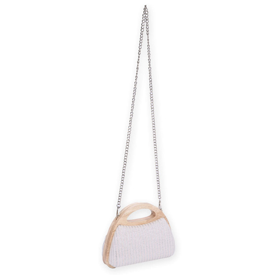 side view of a rectangular canvas tote bag featuring vertical multi-colored stripes, cream fabric handles, and metal D-ring hardware.
