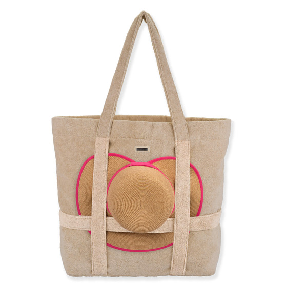 Front view of a rectangular tan canvas tote bag featuring a heart-shaped hat holder with vibrant pink piped trim detailing.
