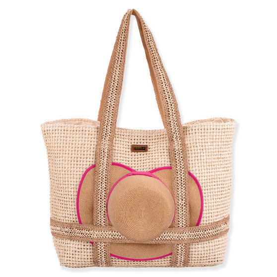 Front view of a rectangular woven straw tote featuring a built-in hat holder sleeve with vibrant pink piped heart-shaped trim.