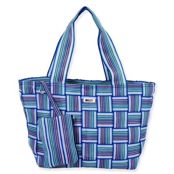 Front view of a rectangular blue and purple multi-color basket-weave tote bag with matching striped handles and small attached pouch.
