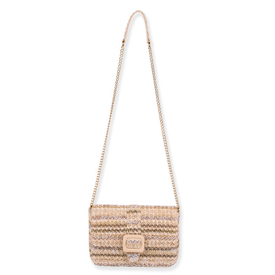 Front view of a rectangular, light-brown striped woven straw crossbody bag with a distinctive square woven buckle on the flap.