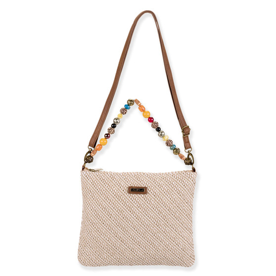 Front view of a flat square cream woven straw crossbody bag featuring a colorful beaded top handle and brown strap.