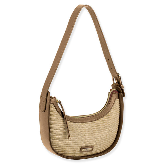 side view of beige woven crescent handbag with tan leather trim, adjustable shoulder strap, curved structured shape, and small metallic bottom brand plate.