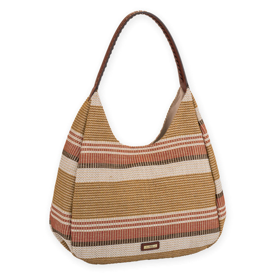 Front view of striped woven shoulder bag with curved top, single strap, tan‑beige‑cream bands, reddish‑brown accent stripe, and small bottom label.