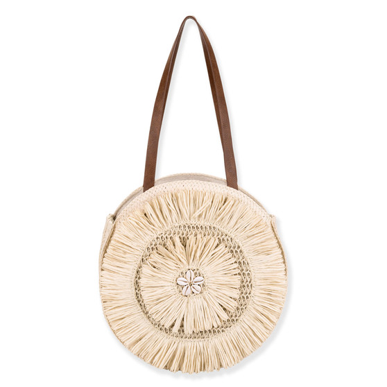 Front view of round woven straw tote with radiating sunburst pattern, medium brown leather straps, and structured natural design highlighting artisanal texture.