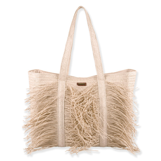 Front view of beige woven tote bag with long shoulder straps, dense straw fringe detailing, and structured shape emphasizing natural textured summer design.