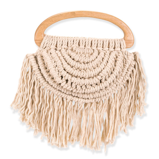 Front view of a macramé tote featuring concentric cream cord loops, long fringe detailing, and a smooth, curved wooden handle