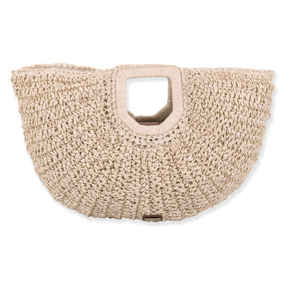 Front view of cream Sun N Sand fan-shaped straw tote featuring thick crochet texture, integrated top handle, and brown logo.