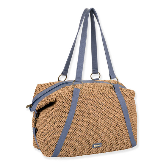 Side view of tan crochet Sun N Sand shoulder bag featuring blue webbed straps attached by antique brass-tone metal rings.
