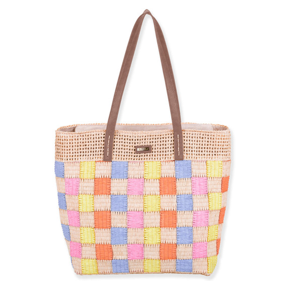 Front view of multi-color woven Sun N Sand shoulder tote featuring pastel checkerboard straw body and brown faux-leather straps.