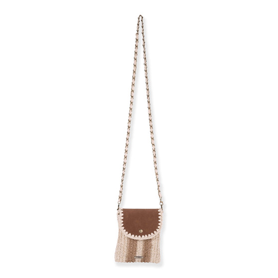 Front view of cream and tan crochet Sun N Sand phone crossbody bag featuring brown suede flap and woven chain strap.