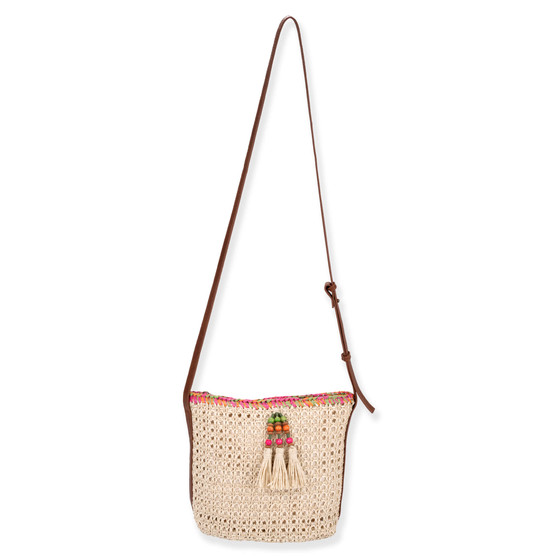 Front view of Sun N Sand Dusk Willow cream crochet crossbody bag featuring colorful beaded tassel and brown adjustable strap.