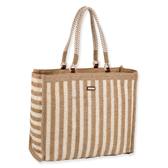 Three Quarters view of Sun N Sand Creek Willow crossbody bag featuring tan and white vertical stripes, woven texture, rope handles.