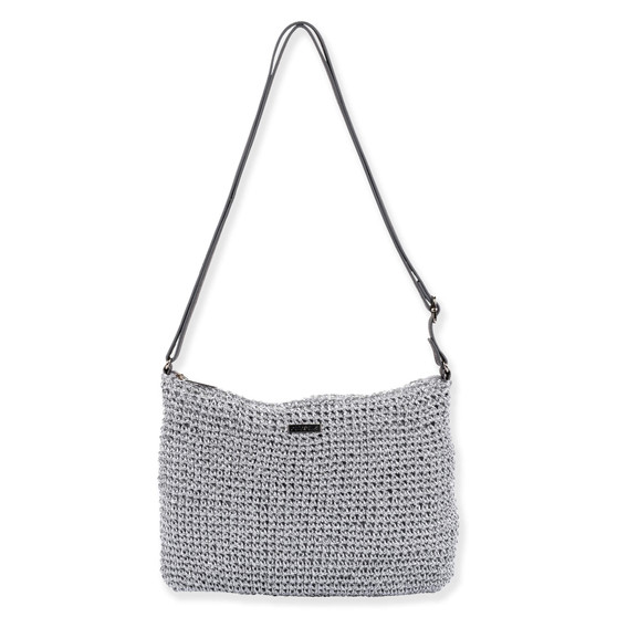 Front view of silver metallic crochet Sun N Sand crossbody bag featuring textured knit body, black thin adjustable shoulder strap.