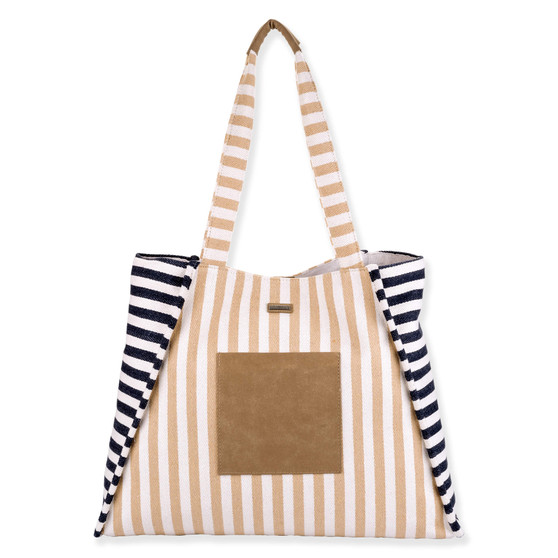 Front view of a Sun N Sand shoulder tote featuring tan and navy striped canvas, suede front pocket, and matching straps.