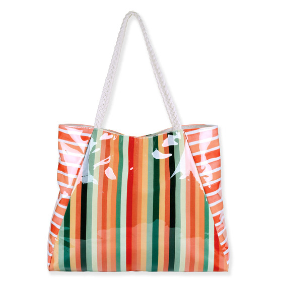 Front view of Sun N Sand shoulder tote featuring a glossy multi-color vertical stripe pattern and braided white rope handles.