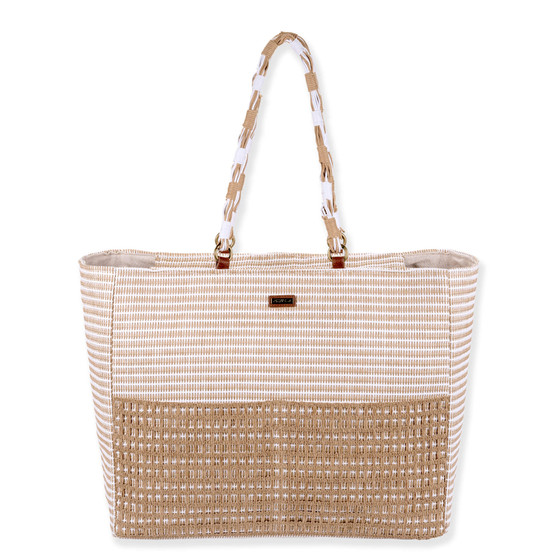 Front view of Sun 'N' Sand tan striped tote, featuring a thick woven base, braided cord handles, and brass rings.