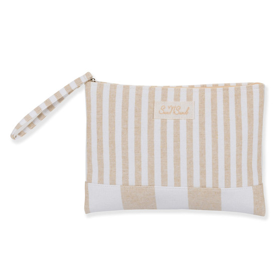 Front view of Sun 'N' Sand tan striped canvas wristlet, embroidered logo patch, matching wrist strap, and top zipper closure.