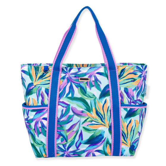 Front view of Caribbean Joe Cool Bahama shoulder tote, teal tropical palm print, pink-edged blue webbing straps, and silver D-ring.