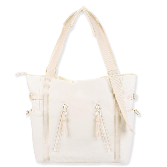 Front view of cream Sun 'N' Sand Isla Voyager tote featuring matte nylon, dual front zippers, and adjustable shoulder straps.