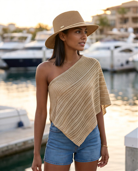 Tan safari hat featuring Sparkly Metallic Lurex, Adjustable, UPF 50+.