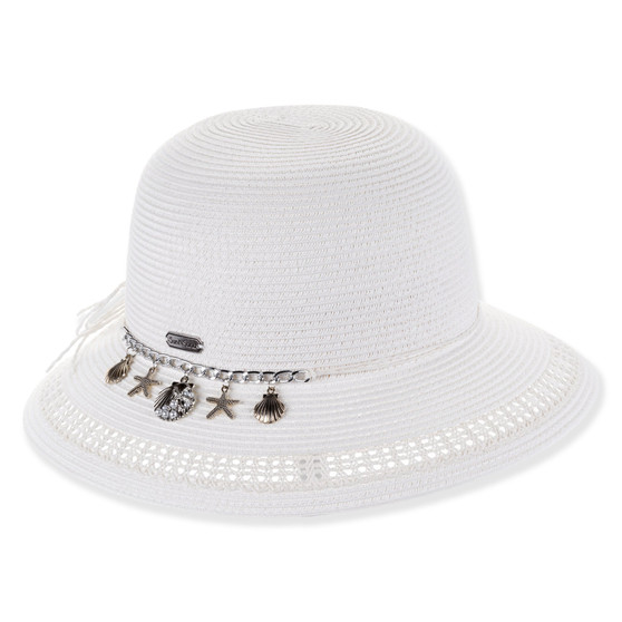 White bucket hat featuring Packable, Adjustable, UPF 50+.
