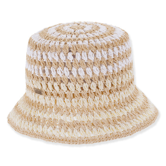 Natural crocheted bucket hat featuring Packable, Adjustable.