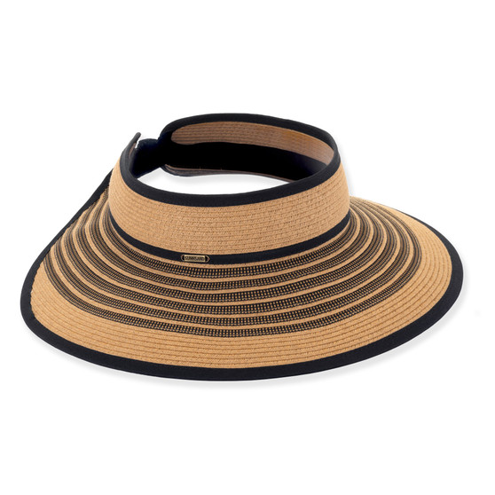 Tan visor hat featuring Packable, Adjustable, UPF 50+.