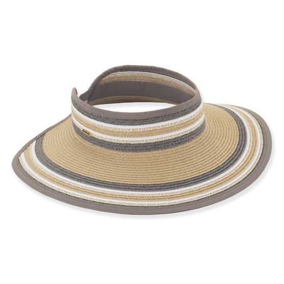 Gray visor hat featuring Sparkly Metallic Lurex, Packable, Adjustable.