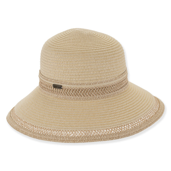 Tan backless hat featuring Packable, Adjustable, UPF 50+.