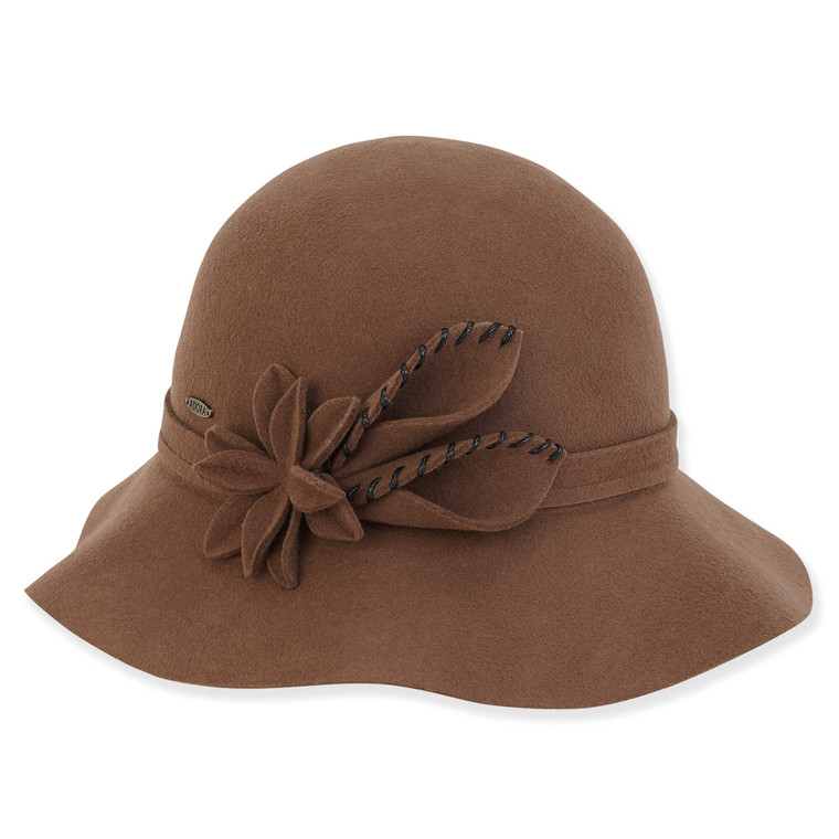 Adora Women's Wool Felt Cloche Flower WhipStitch Leaves Trim Hat AD1428