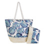 Blue palm leaf print canvas beach tote bag with woven straw base, matching zippered pouch, textured fabric, reinforced white handles, front view shown
