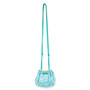 Aqua blue seashell print bucket crossbody bag with drawstring closure, gathered fabric body, long teal shoulder strap, front view shown