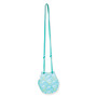 Aqua blue seashell print bucket crossbody bag with geometric scale pattern back panel, soft fabric body, drawstring top, long teal strap, back view shown
