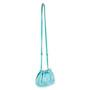 Aqua blue seashell print bucket crossbody bag with gathered fabric sides, drawstring top closure, long teal shoulder strap, angled side view shown