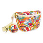 Tropical floral waist bag with colorful leaf print fabric, zippered main pouch, adjustable beige strap, matching round coin purse, angled side view