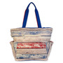 Beach tote bag with printed wooden plank texture, rear open pocket compartment, reinforced navy handles, soft rectangular structure, back view shown