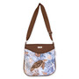 Light blue crossbody bag with illustrated sea turtle motif, curved flap pocket, zippered opening, adjustable brown shoulder strap, front view shown
