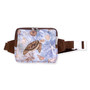 Blue patterned waist bag with illustrated sea turtle, zippered pouch, adjustable brown strap and buckle, rectangular shape, front view shown