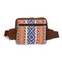 Beige and blue patterned waist bag with woven geometric textile, rear zippered pocket, adjustable brown strap and buckle, back view shown