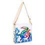 crossbody bag with embroidered sea turtle and coral design, zippered pouch, adjustable beige shoulder strap, angled side view