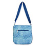 crossbody bag with speckled pattern, rear zippered pocket, adjustable navy shoulder strap and metal clasps, back view displayed