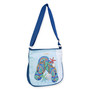 crossbody bag with embroidered flip flop design, zippered pouch, adjustable navy shoulder strap, angled side view displayed