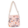 crossbody bag with floral and striped fabric insert, adjustable beige shoulder strap, rectangular silhouette, zipper top, product image.