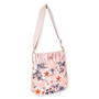 crossbody bag side view with floral and striped fabric insert, adjustable beige shoulder strap, slim rectangular profile, zipper top, studio product image.